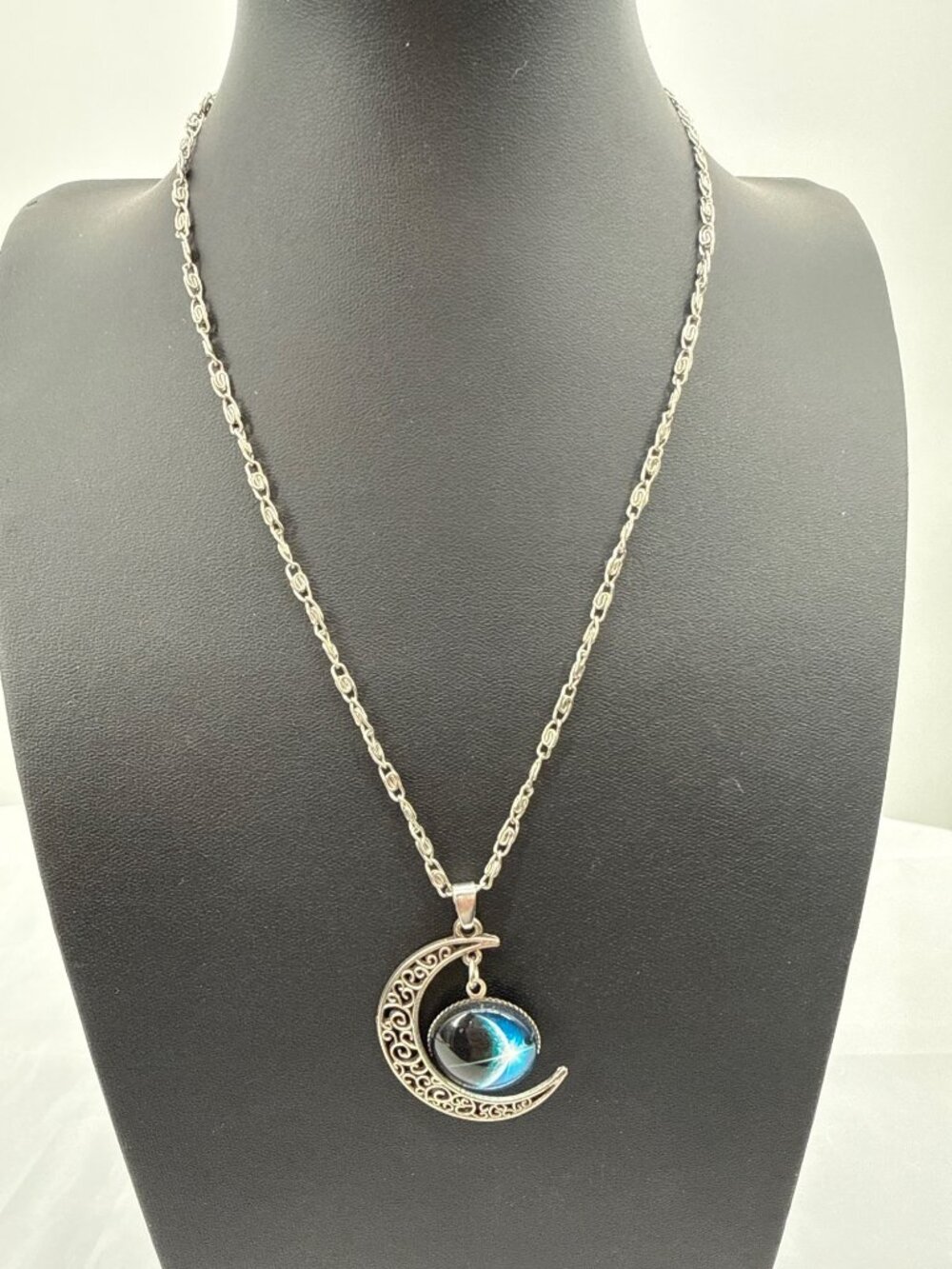 Celestial Whimsical Silver Crescent Moon Galaxy Pendant Necklace Whimsigoth